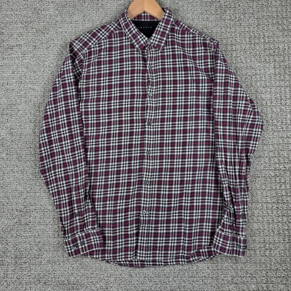 Theory‎ Zack PS Plaid Flannel Button Down Shirt Mens Large Red Blue
